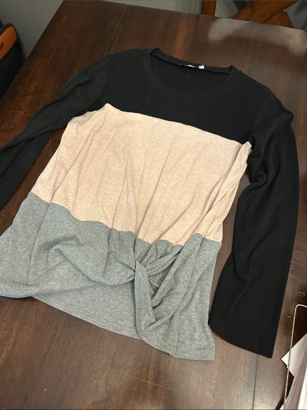 Colorblock Twist Front Long Sleeve Top - Black, Blush & Gray